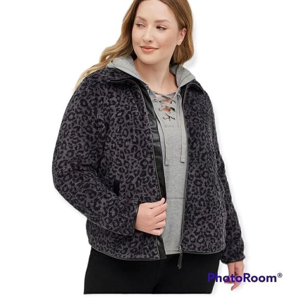 3X 22W 24W Torrid Grey Leopard Zip Jacket Shearling Fuzzy Faux Leather Trim Cozy - Picture 1 of 9